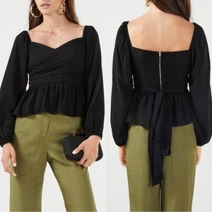 NEW BCBGMAXAZRIA Puff Sleeve Textured Peplum Top Black